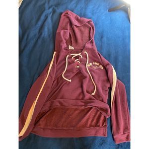 Liquid energy purple New York City hoodie with white stripes. Women’s medium